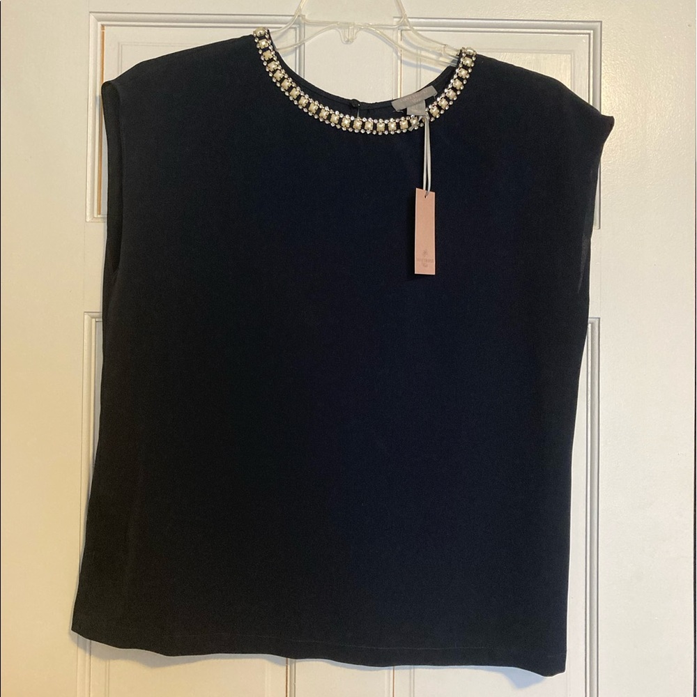 NWT San Tropez West Navy Blouse with Jeweled Neckline Size L